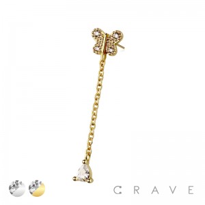 316L SURGICAL STEEL THREADLESS PUSH IN BUTTERFLY TEAR DROP CHAIN CZ TOP PART